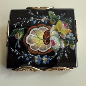 Floral Black and Gold antique hand painted brooch pin lapel